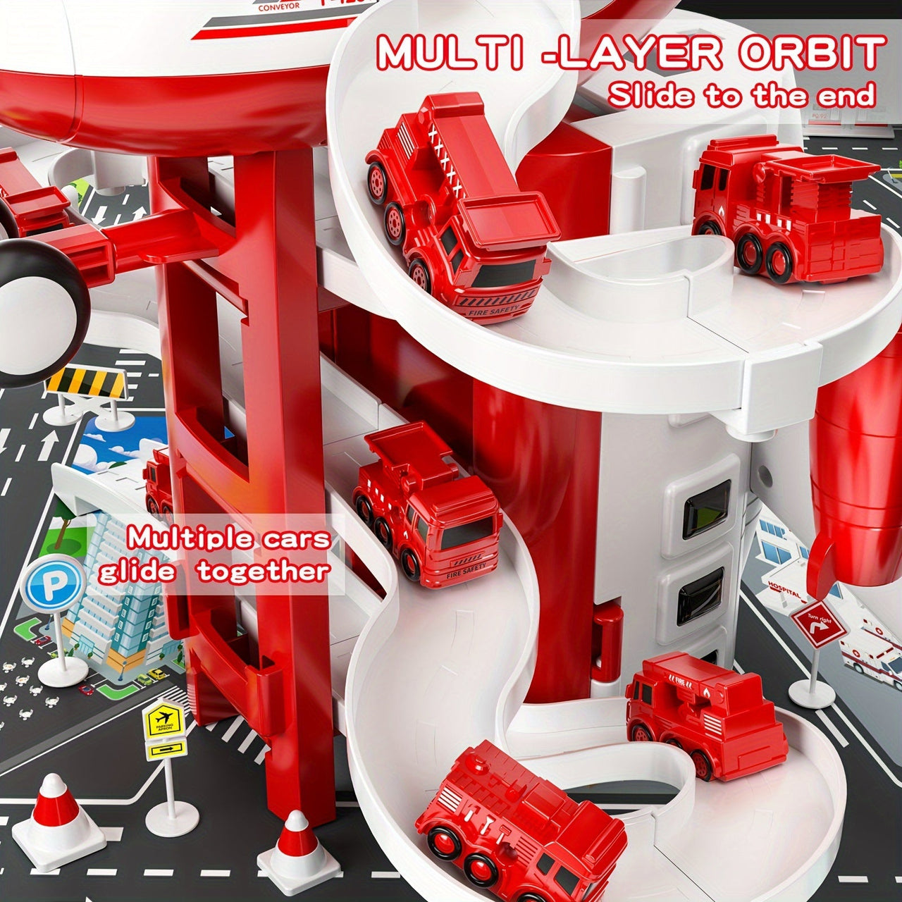 SkyRescue | Diversión de juego aventurera - Set de juego de avión y camión de bomberos con alfombra de juego