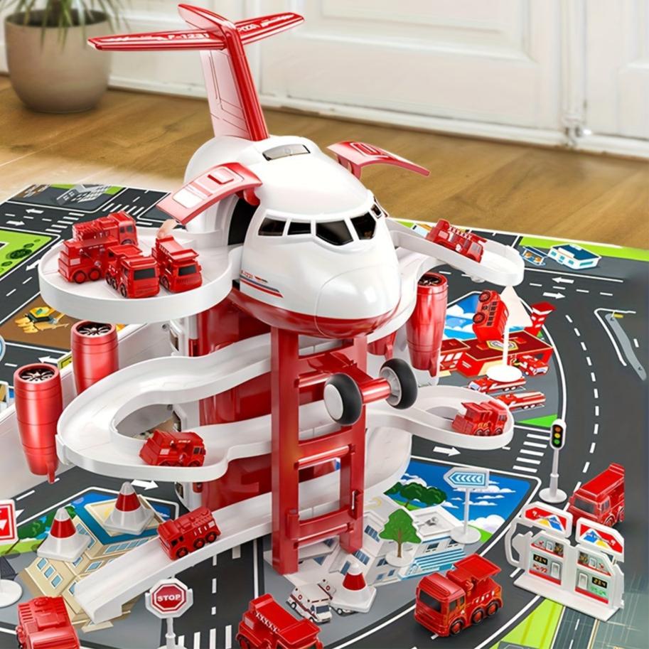 SkyRescue | Diversión de juego aventurera - Set de juego de avión y camión de bomberos con alfombra de juego