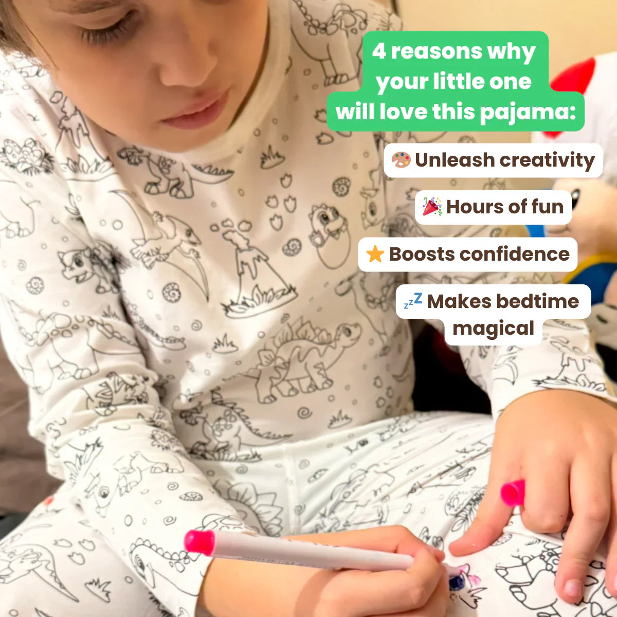 DinoDreams | Colorear y jugar - Conjunto de pijama DIY con estampado de dinosaurio