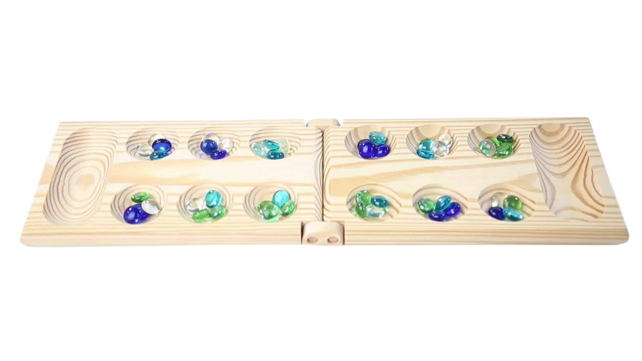 EcoToys Mancala Spielset | Faltbares Holzbrettspiel mit Multicolor Perlen - Familienvergnügen für Kinder & Erwachsene