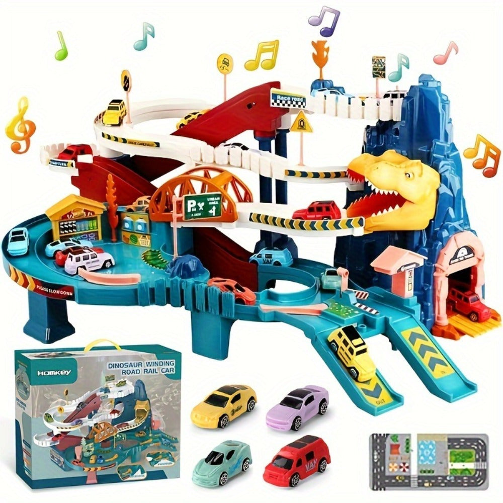 DinoRush | Emocionante aventura prehistórica - Set de juego de dinosaurios con pista de carreras y pista de montaña