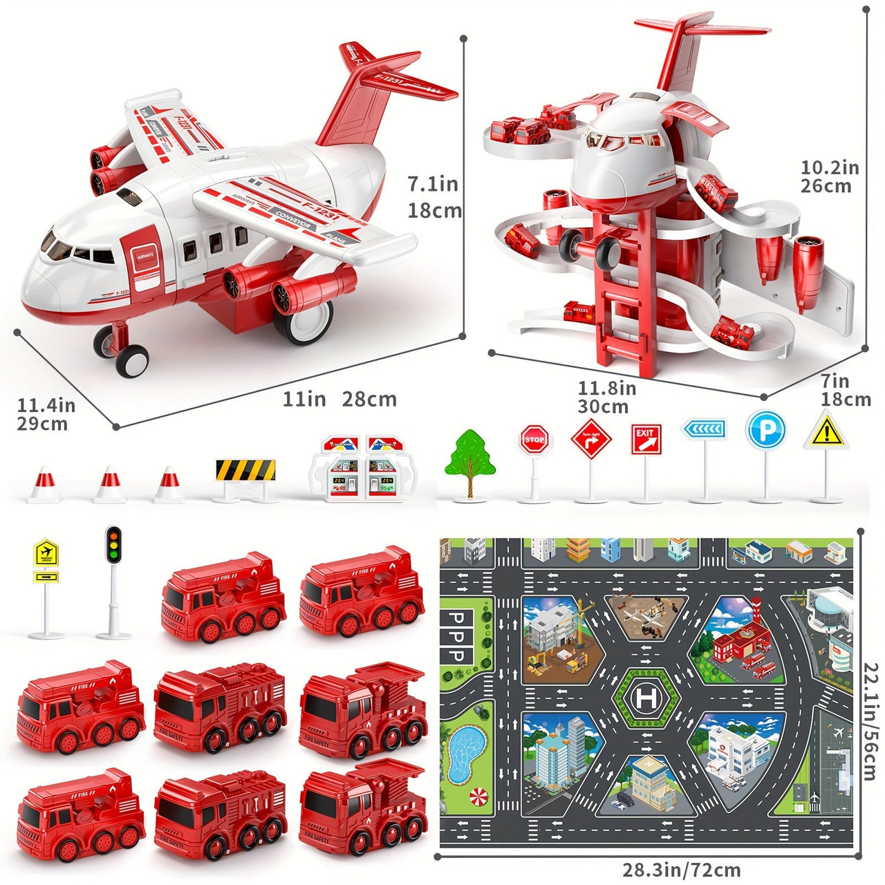 SkyRescue | Diversión de juego aventurera - Set de juego de avión y camión de bomberos con alfombra de juego