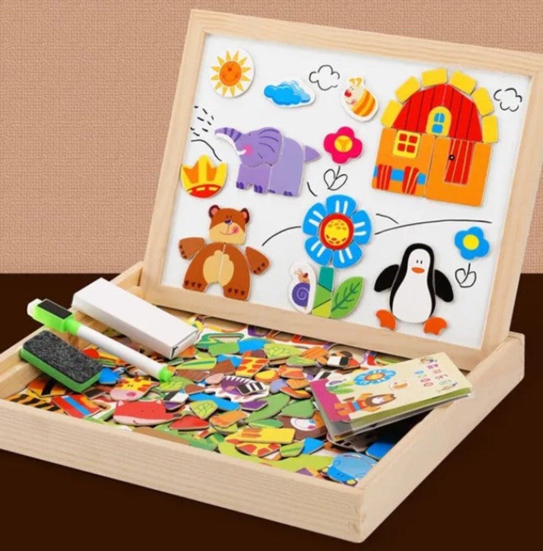 Dubbelzijdig Montessori Tekenbord met Magnetische Puzzlestukken en Kleurige Markers voor Kinderen 8