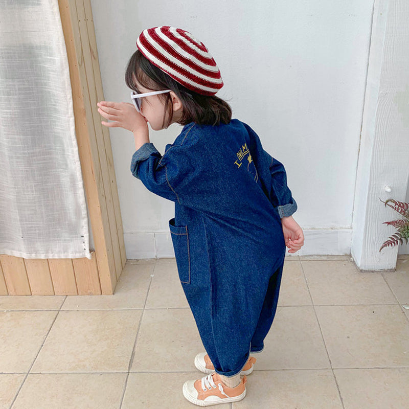Jumpsuit voor Peuters en Kleuters, Blauw/Beige Katoen, Maat 1-7 Jaar, Ademend en Comfortabel, Eenvoudige Drukknoopsluiting 5