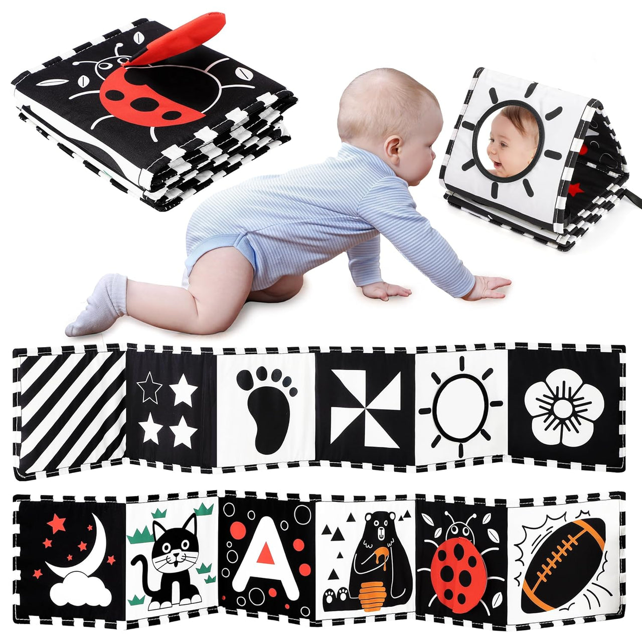 Montessori Baby Sensory Book van Zacht Polyester met Hoge Contrastpatronen en Babyveilige Spiegel voor 0-12 Maanden 0