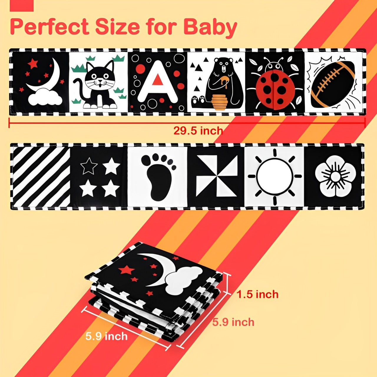Montessori Baby Sensory Book van Zacht Polyester met Hoge Contrastpatronen en Babyveilige Spiegel voor 0-12 Maanden 2
