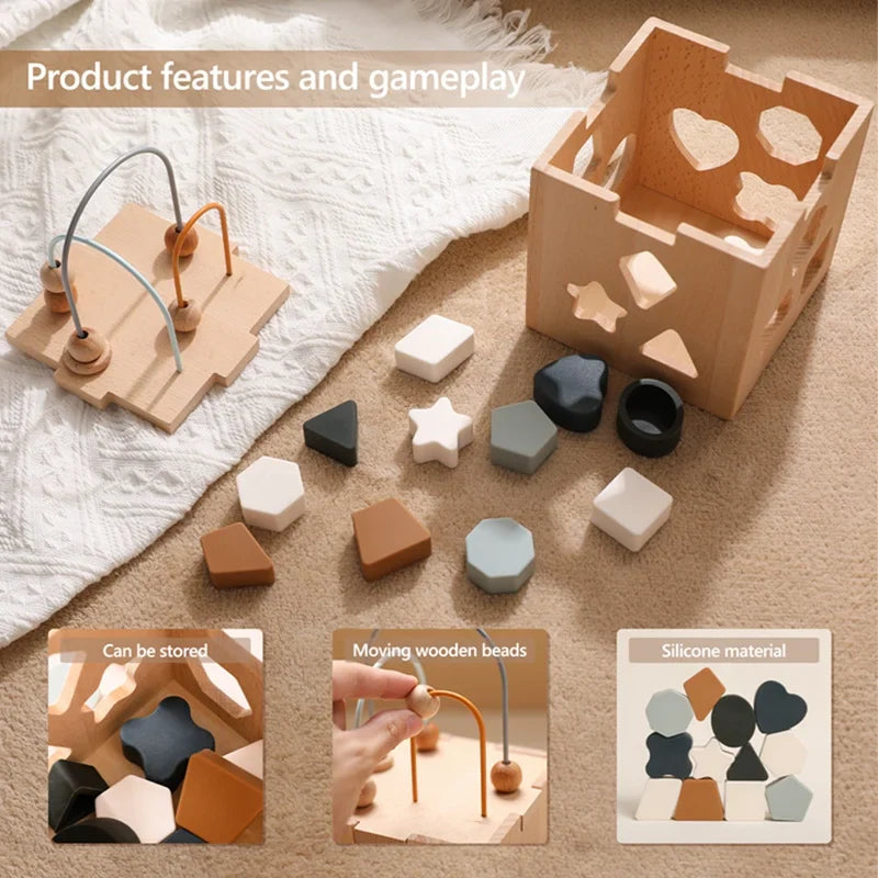 GeoPlay | Reconocimiento de formas y diversión - Bloque de clasificación de madera y silicona con formas geométricas
