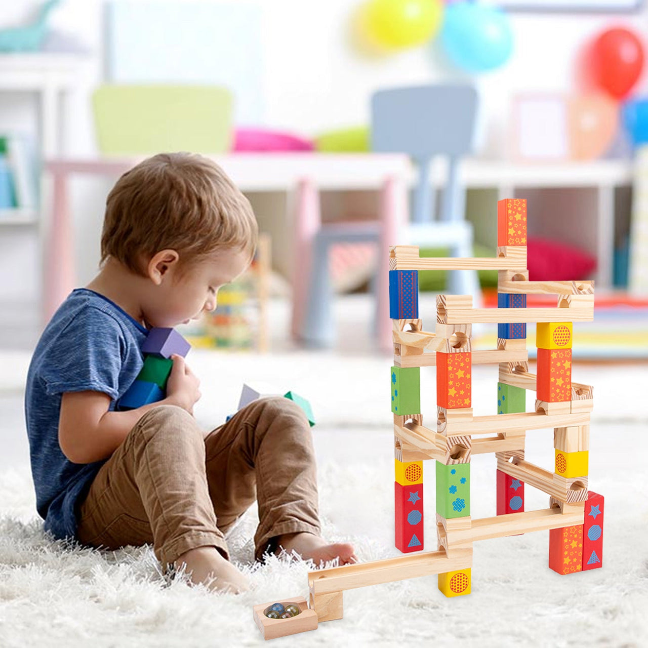 Ecotoys MarbleMaster | Kreativer Spaß - Holz-Marmorbahn Bau-Spielzeug