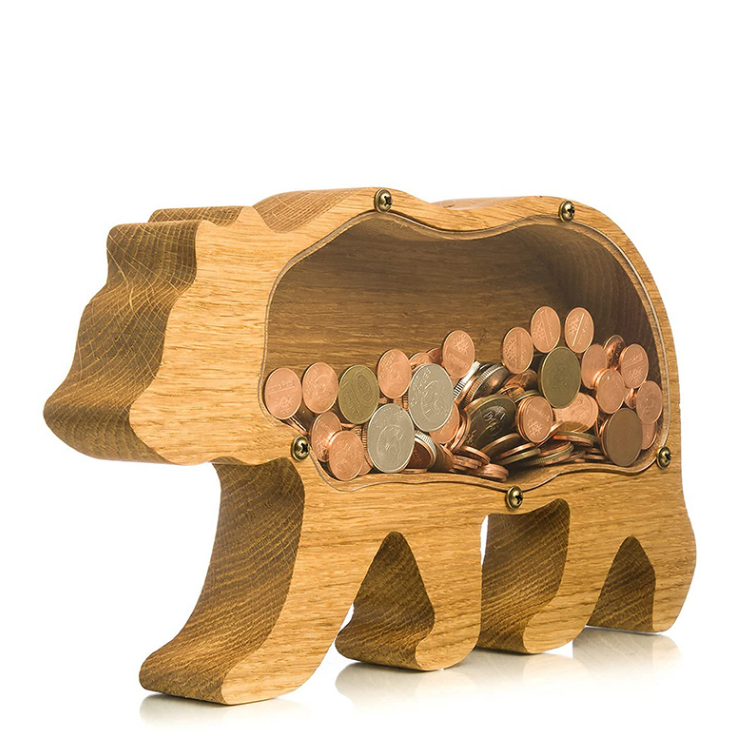 Ecotoys Grizzly Bear Piggy Bank | Schattige houten spaarpot voor kinderen - Montessori speelgoed