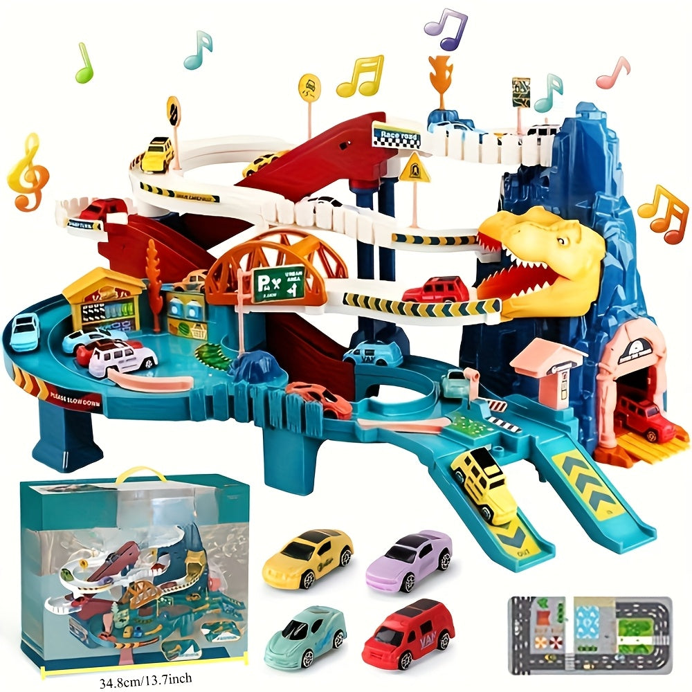 DinoRush | Emocionante aventura prehistórica - Set de juego de dinosaurios con pista de carreras y pista de montaña