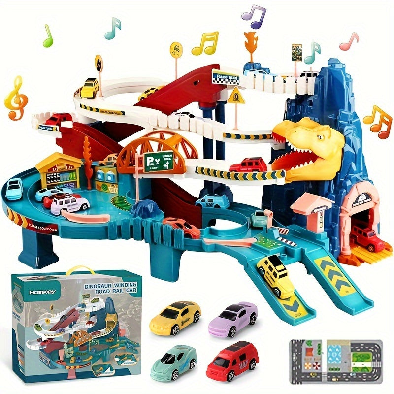 DinoRush | Emocionante aventura prehistórica - Set de juego de dinosaurios con pista de carreras y pista de montaña